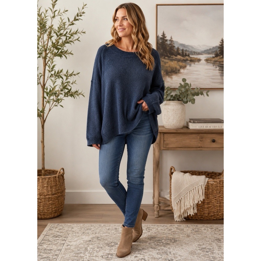 Vince Camuto XL Blue Exposed Seam Oversized Crewneck Sweater Relaxed Fit
